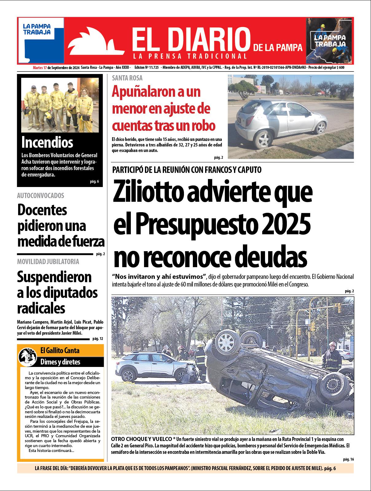 Tapa de El Diario en papel  martes 17 de septiembre de 2024